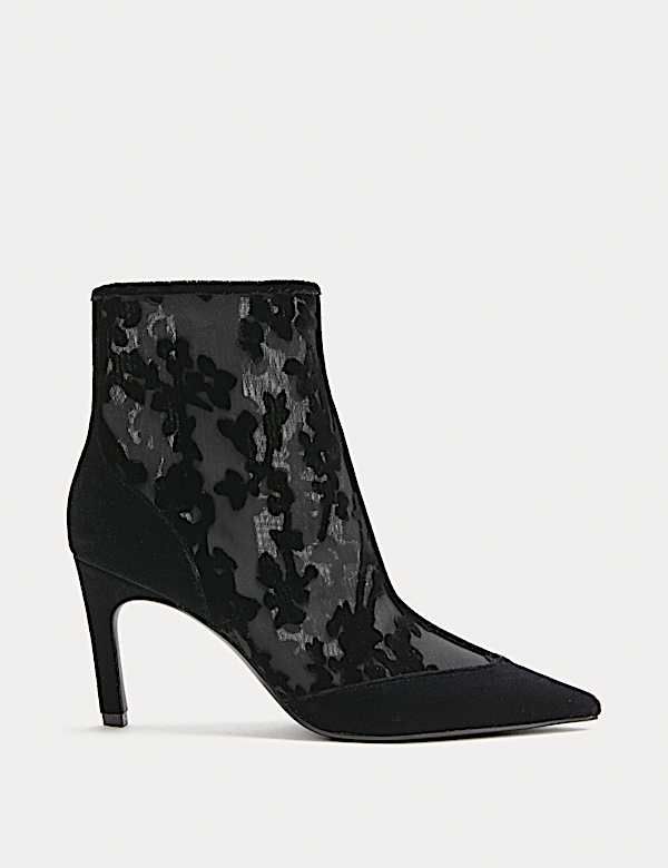 Mesh Floral Stiletto Heel Pointed Ankle Boots - EE