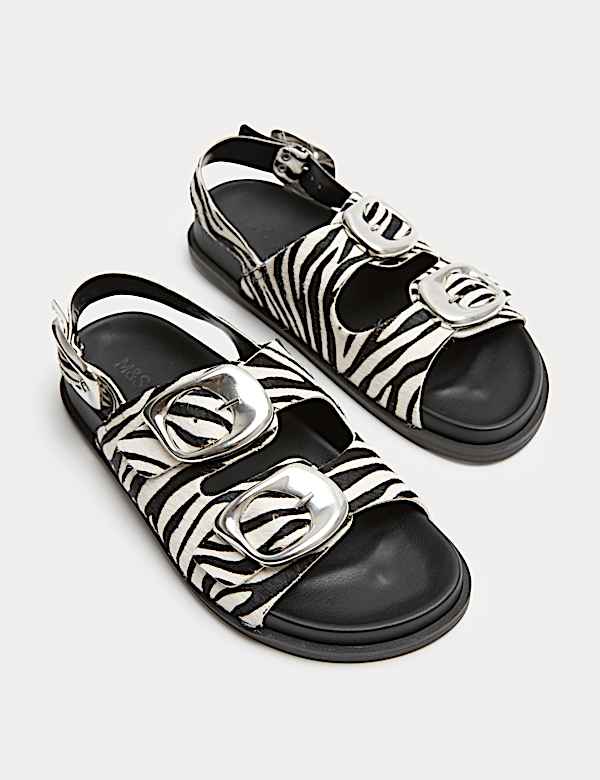 סנדלי עור שטוחים עם הדפס חייתי ואבזם - IL