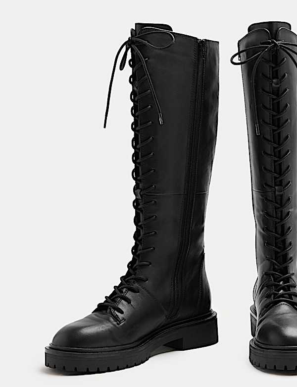 Leather Lace Up Knee High Boots - JE