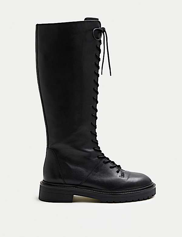 Leather Lace Up Knee High Boots - JE