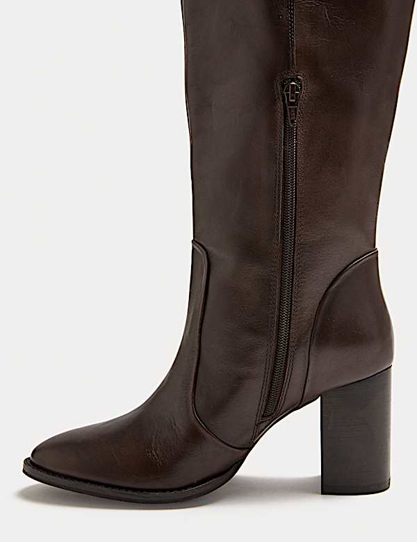 Leather Block Heel Knee High Boots - NO
