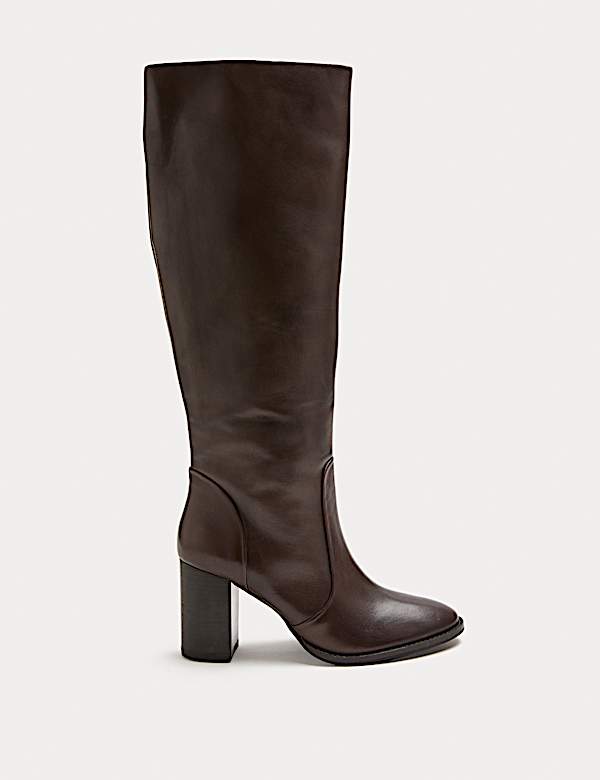 Leather Block Heel Knee High Boots - NO