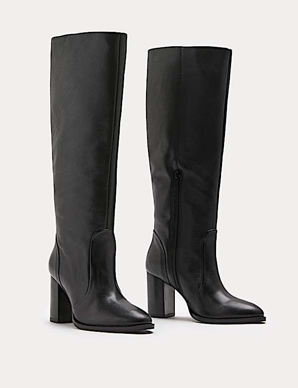 Leather Block Heel Knee High Boots - JE
