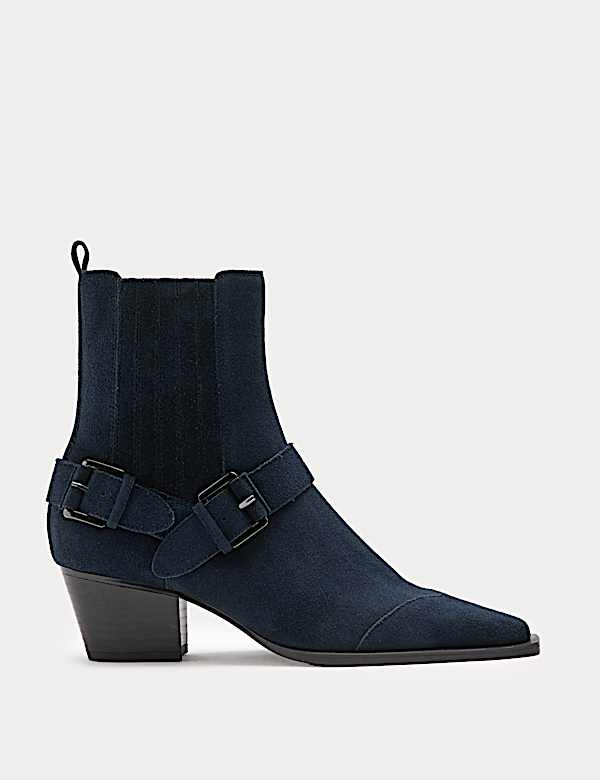 Suede Buckle Block Heel Chisel Toe Ankle Boots - GR
