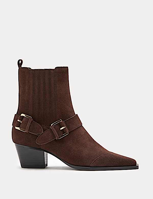 Suede Buckle Block Heel Chisel Toe Ankle Boots - CZ