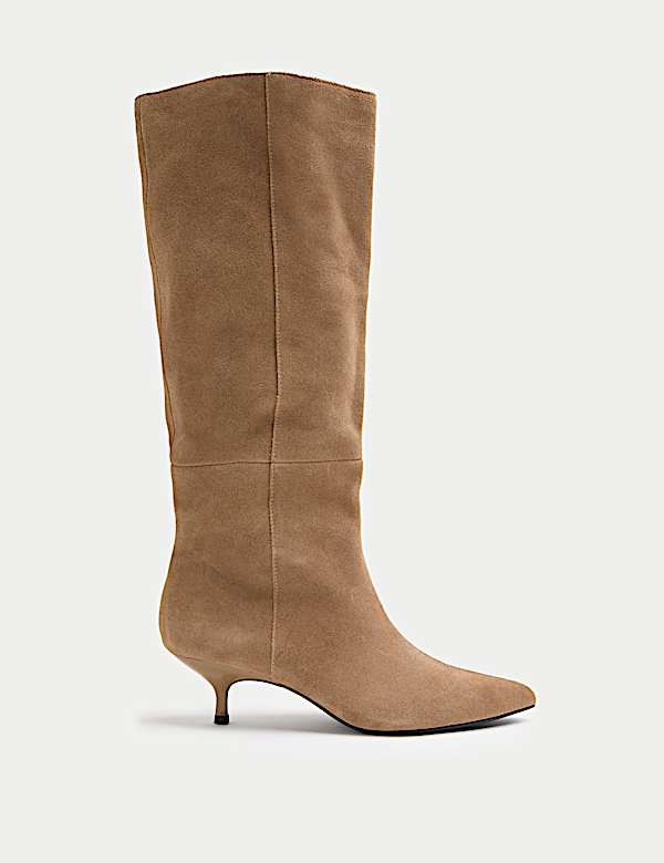 מגפיים מחודדים מזמש בגובה הברך עם עקב דק ונמוך - IL