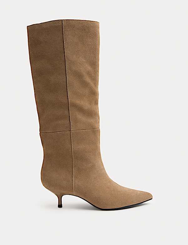 Botas por la rodilla de ante con puntera de pico y tacón kitten - ES