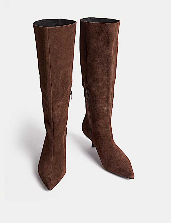 Suede Kitten Heel Pointed Knee High Boots - RO