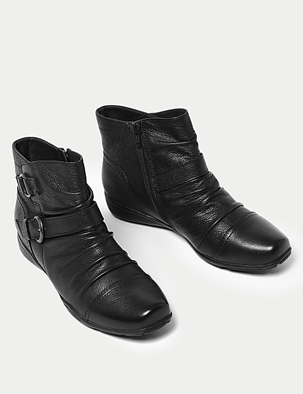 Wide Fit Leather Buckle Ruched Ankle Boots - DK