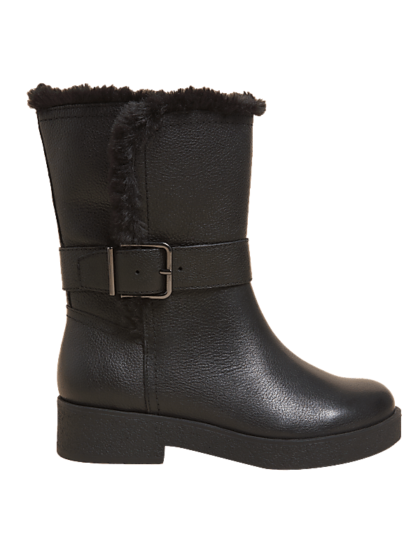 Wide Fit Leather Faux Fur Trim Ankle Boots