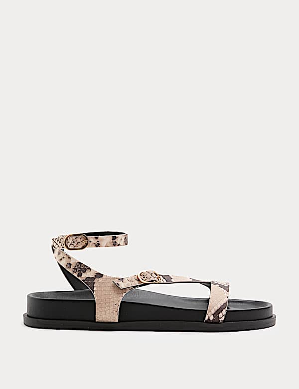 Leather Buckle Ankle Strap Flat Sandals - DE