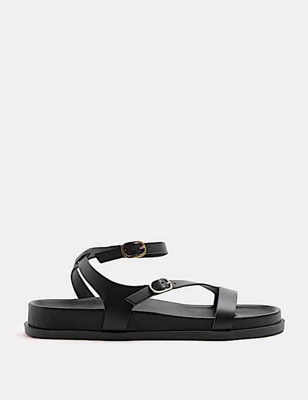 Leather Buckle Ankle Strap Flat Sandals - DE