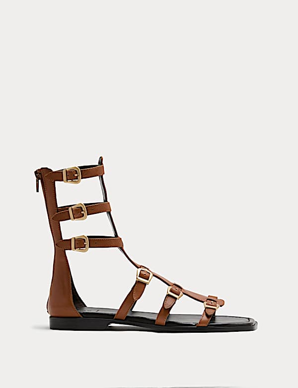 סנדלי גלדיאטור שטוחים מעור בגובה השוק - IL