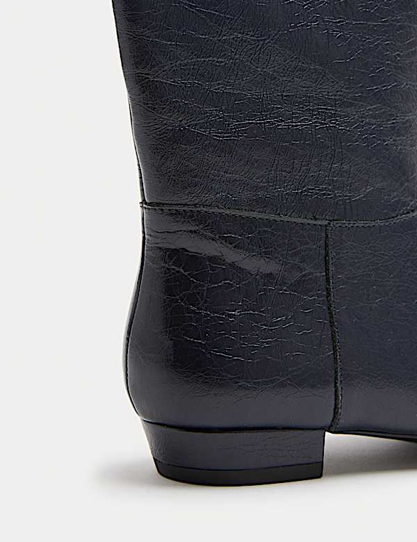 Leather Block Heel Chisel Toe Knee High Boots - FI