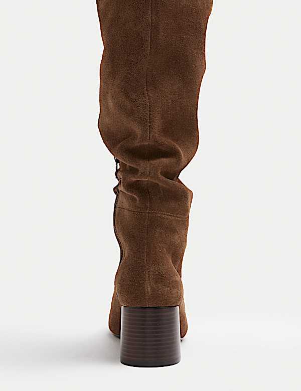 Suede Ruched Block Heel Knee High Boot - CN