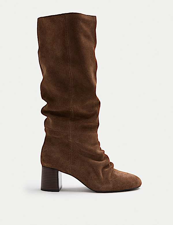 Suede Ruched Block Heel Knee High Boot - CN