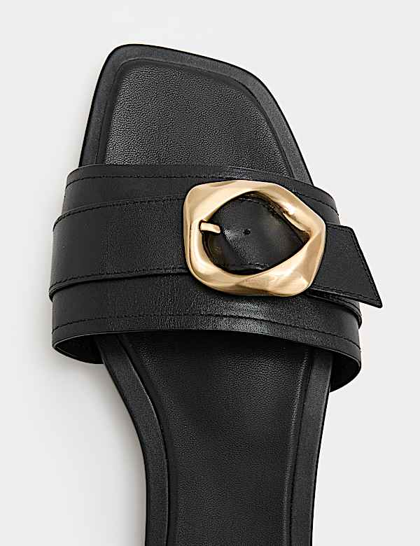 Leather Trim Flat Mule Sandals - CA