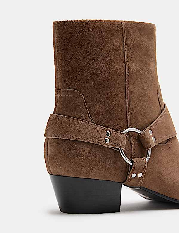 Suede Harness Block Heel Pointed Ankle Boots - EE