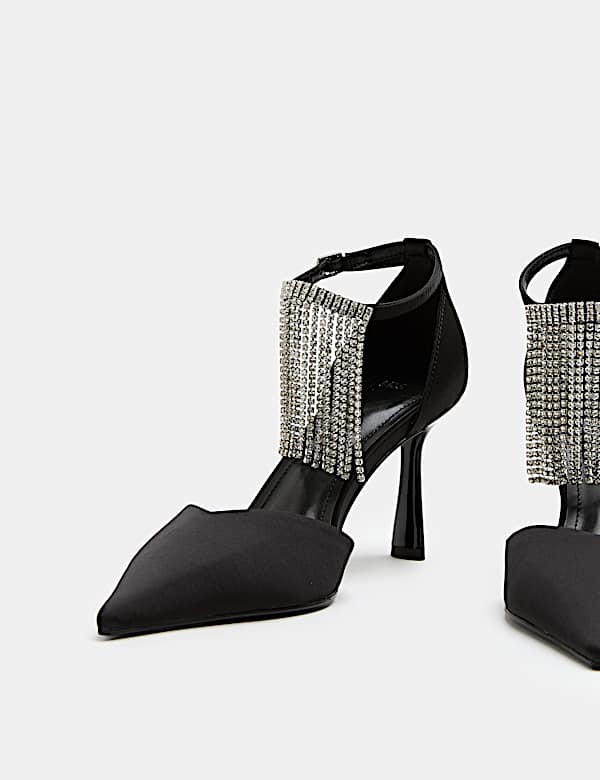 Satin Fringed Ankle Strap Court Shoe - BN