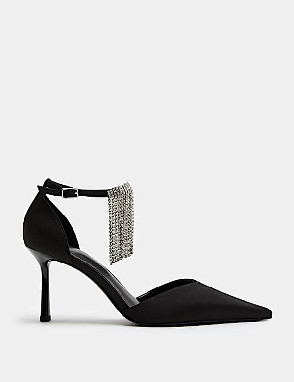 Satin Fringed Ankle Strap Court Shoe - BN