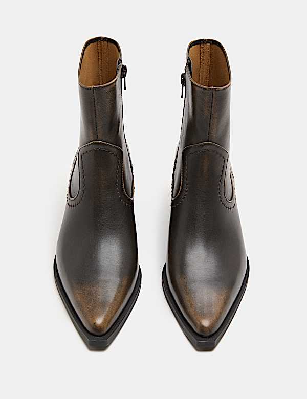 Leather Cowboy Block Heel Pointed Toe Boots - KR
