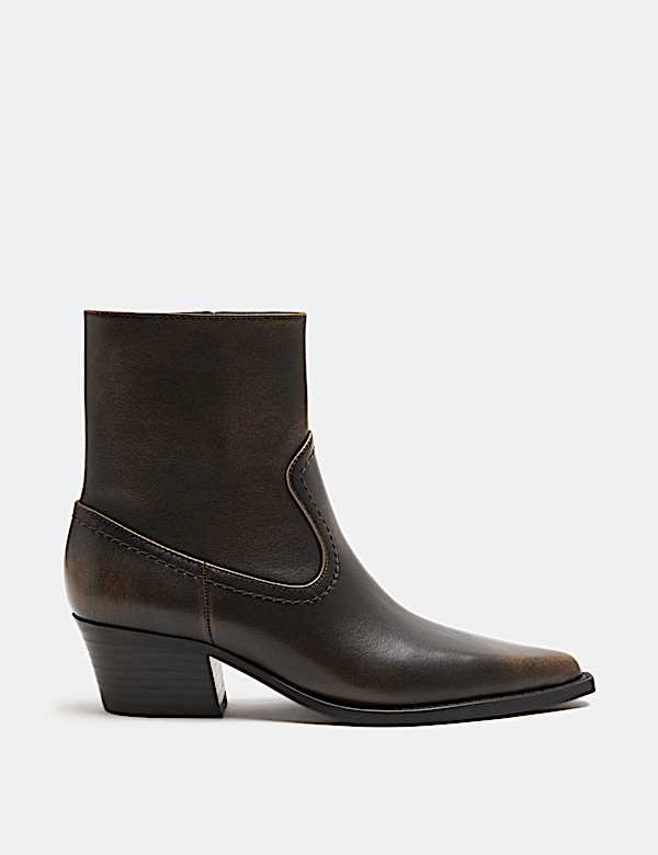 Leather Cowboy Block Heel Pointed Toe Boots - KR