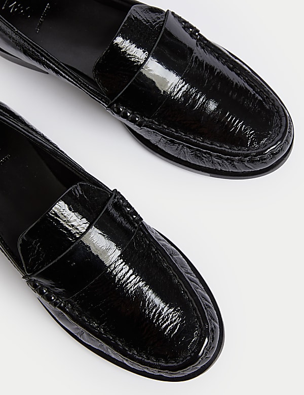 Leather Patent Block Heel Loafers - BE