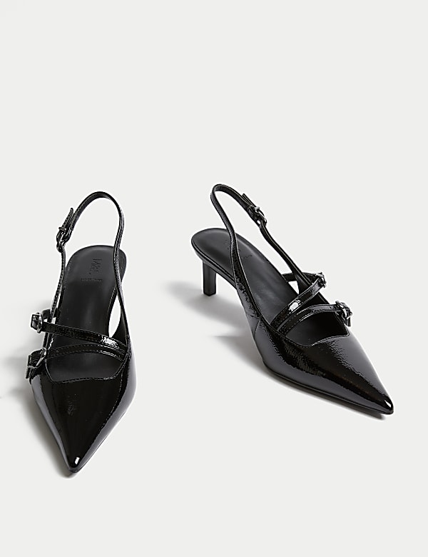 Leather Buckle Kitten Heel Slingbacks - EE