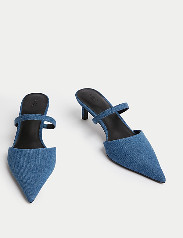 Denim Kitten Heel Pointed Mules - AL