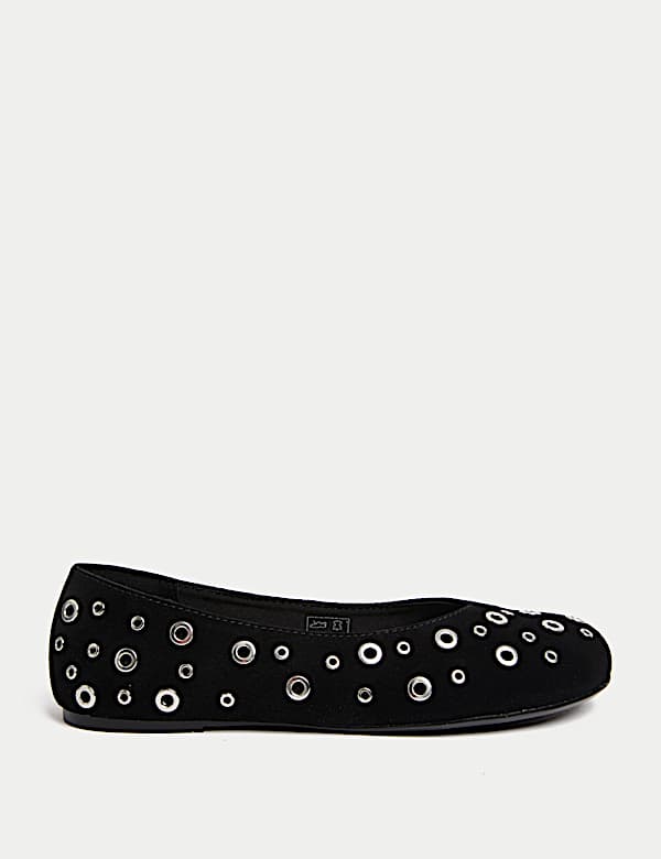Suede Eyelet Studded Flat Ballet Pumps - DE
