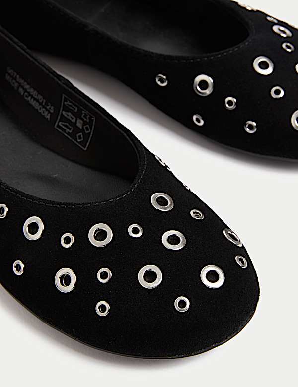 Suede Eyelet Studded Flat Ballet Pumps - MX