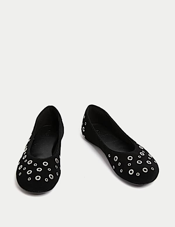 Suede Eyelet Studded Flat Ballet Pumps - MX