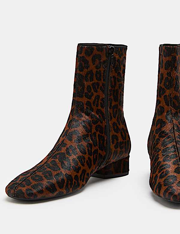 Leather Leopard Print Block Heel Sock Boots - RO