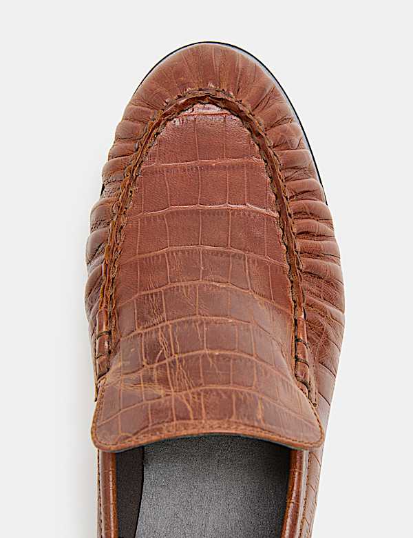 Leather Croc Ruched Loafers - BE