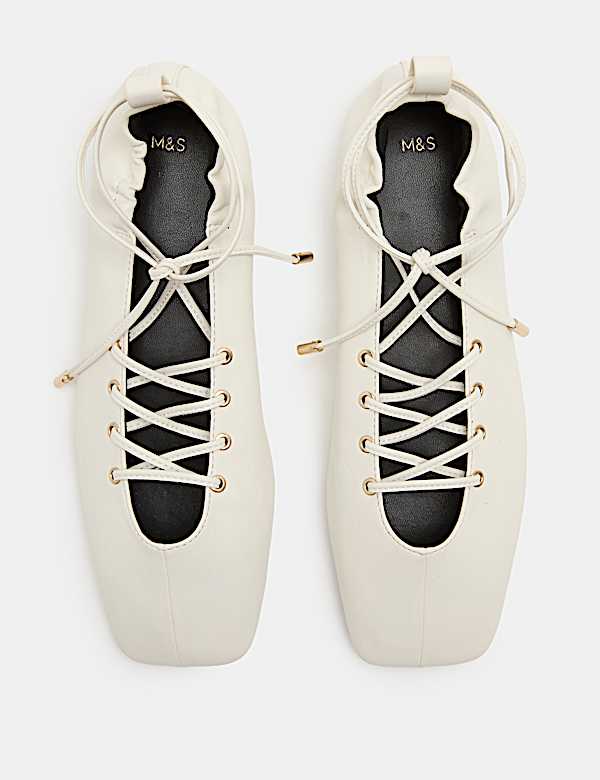 Lace Up Flat Square Toe Ballet Pumps - RO