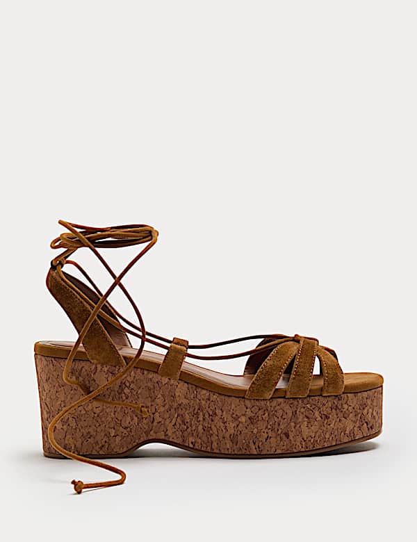 Sandales en daim &agrave; semelle plate compens&eacute;e et bride &agrave; la cheville - LU