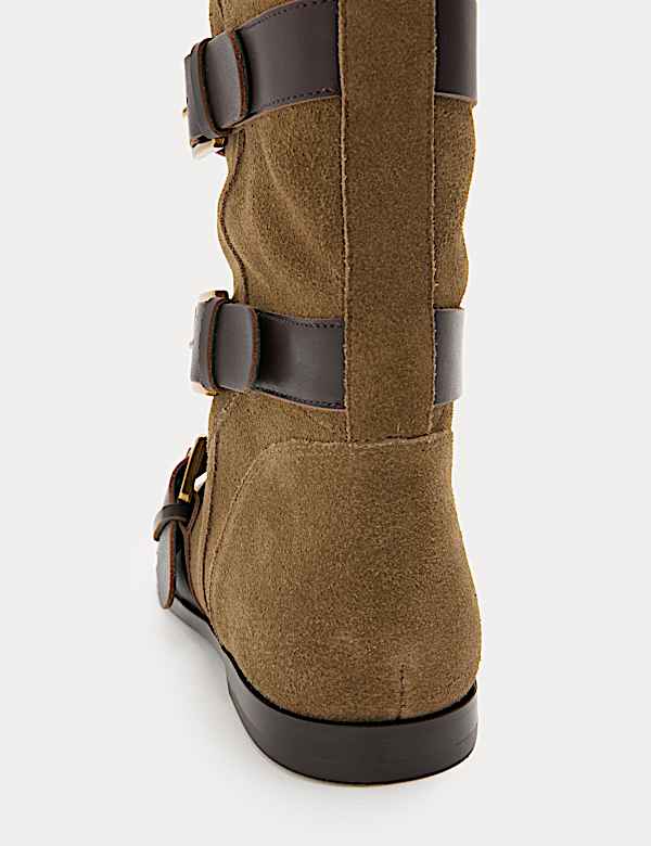 Suede Buckle Strap Mid Calf Flat Boots - RS