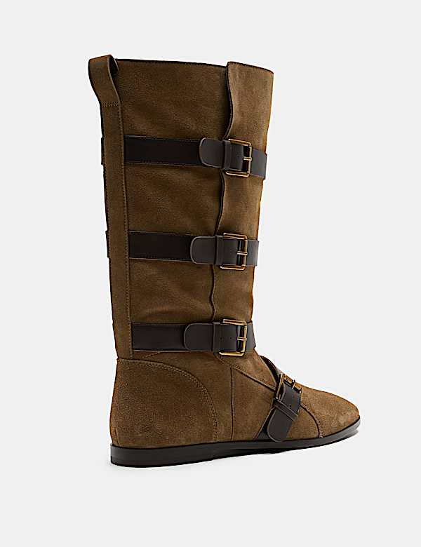 Suede Buckle Strap Mid Calf Flat Boots - NO