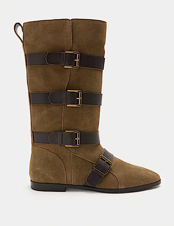 Suede Buckle Strap Mid Calf Flat Boots - RS