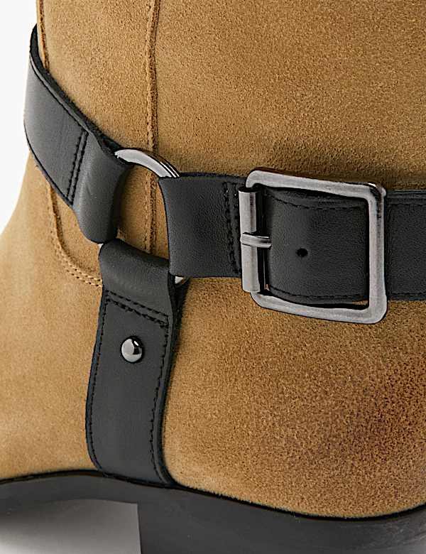 Suede Mid Calf Buckle Block Heel Boots - PL