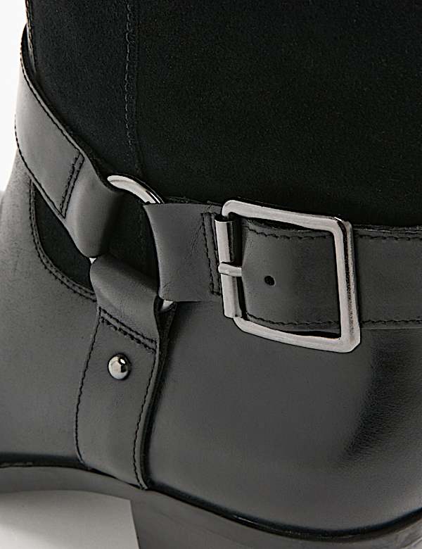 Leather Biker Buckle Block Heel Mid Calf Boots - CY