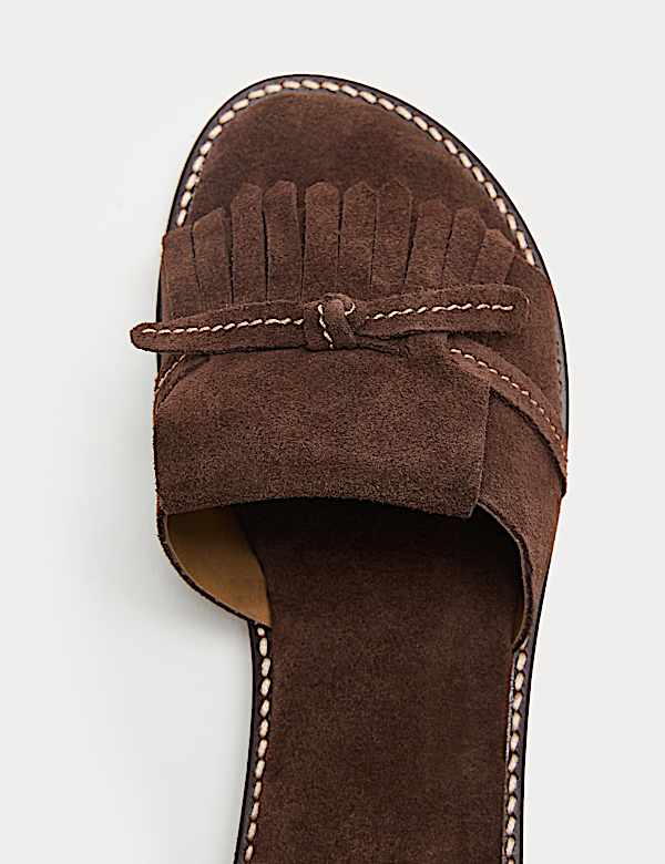 Suede Fringed Flat Mules - BG