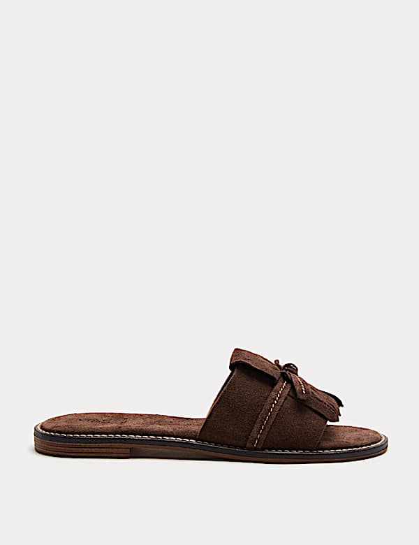 Suede Fringed Flat Mules - BG