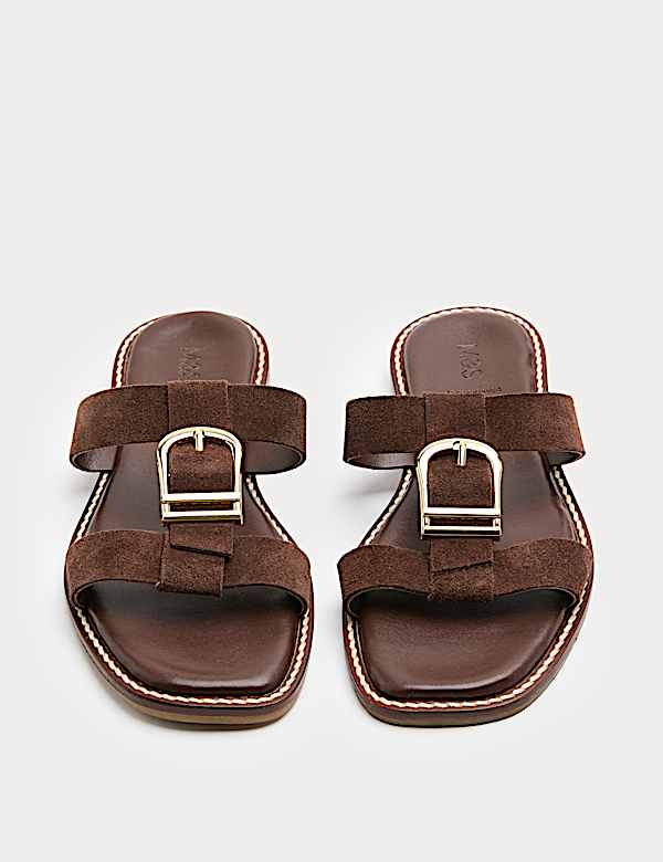 Suede Buckle Flat Mule Sandals