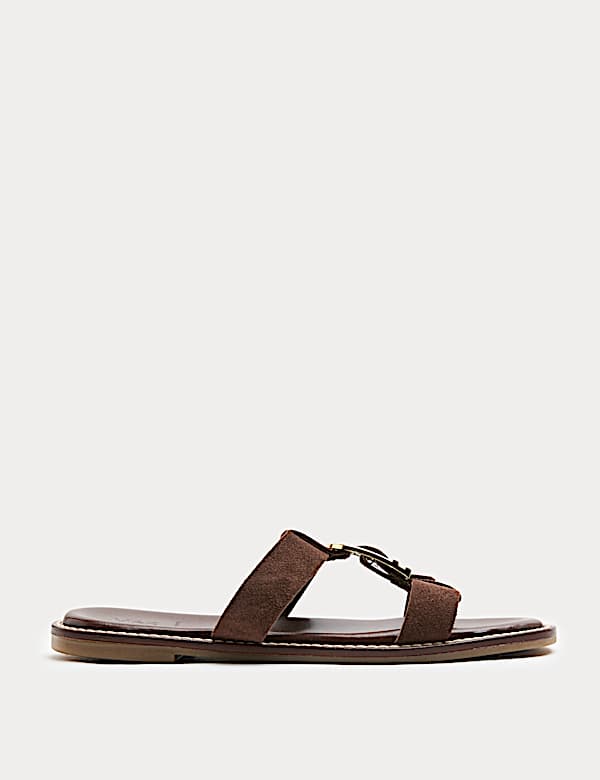 Suede Buckle Flat Mule Sandals - BN