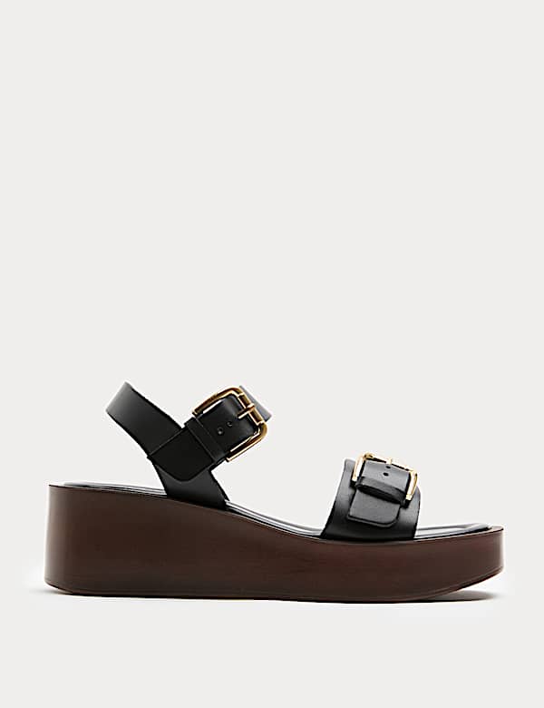 Leather Buckle Wedge Sandals - AT