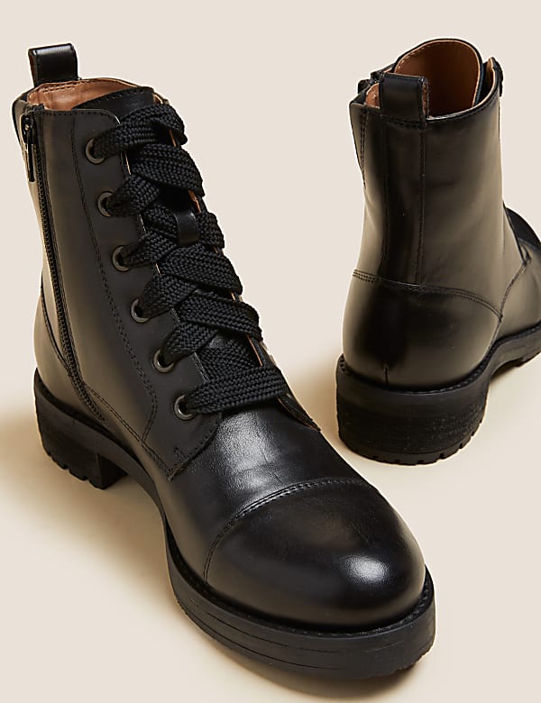 Leather Lace Up Block Heel Ankle Boots