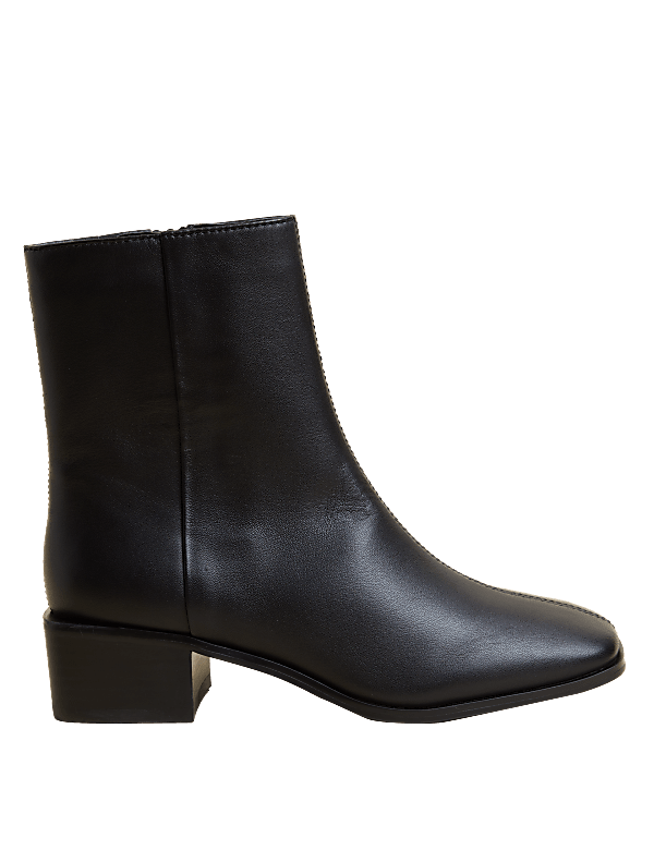 Leather Block Heel Square Toe Ankle Boots