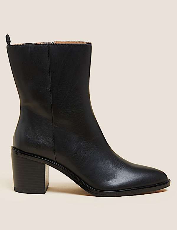Leather Western Block Heel Ankle Boots