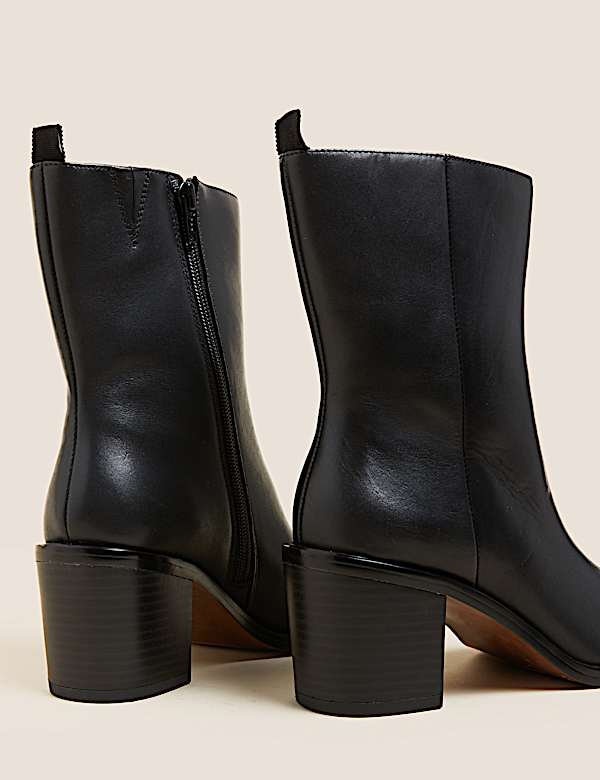 Leather Western Block Heel Ankle Boots